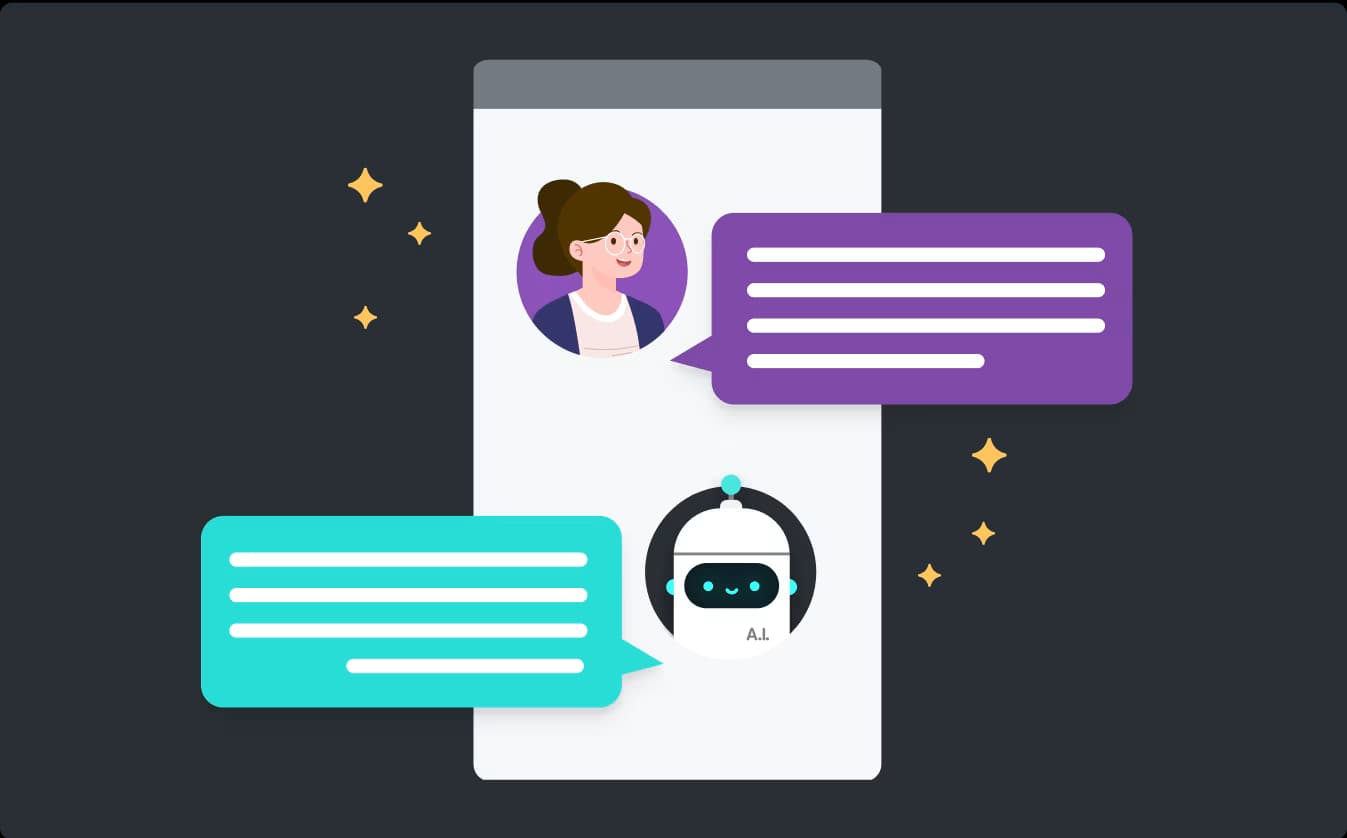 Illustration of a chat conversation between a woman and an AI robot. The woman’s message is in a purple speech bubble, and the AI's response is in a teal speech bubble. Both appear on a smartphone screen with sparkling decorative elements around it.